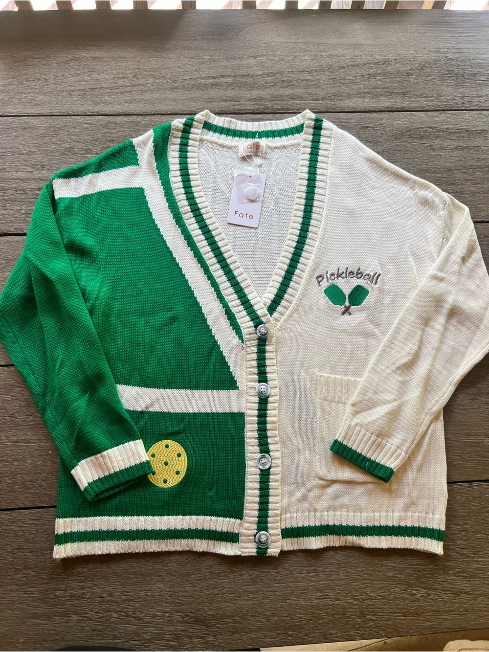 Fate Women’s Medium Green and White Pickleball Cardigan Sweater